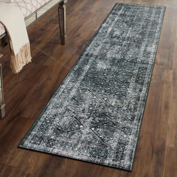 Transitional Bohemian Distressed Washable Non Slip Black 2 ft. x 10 ft. Runner Rug