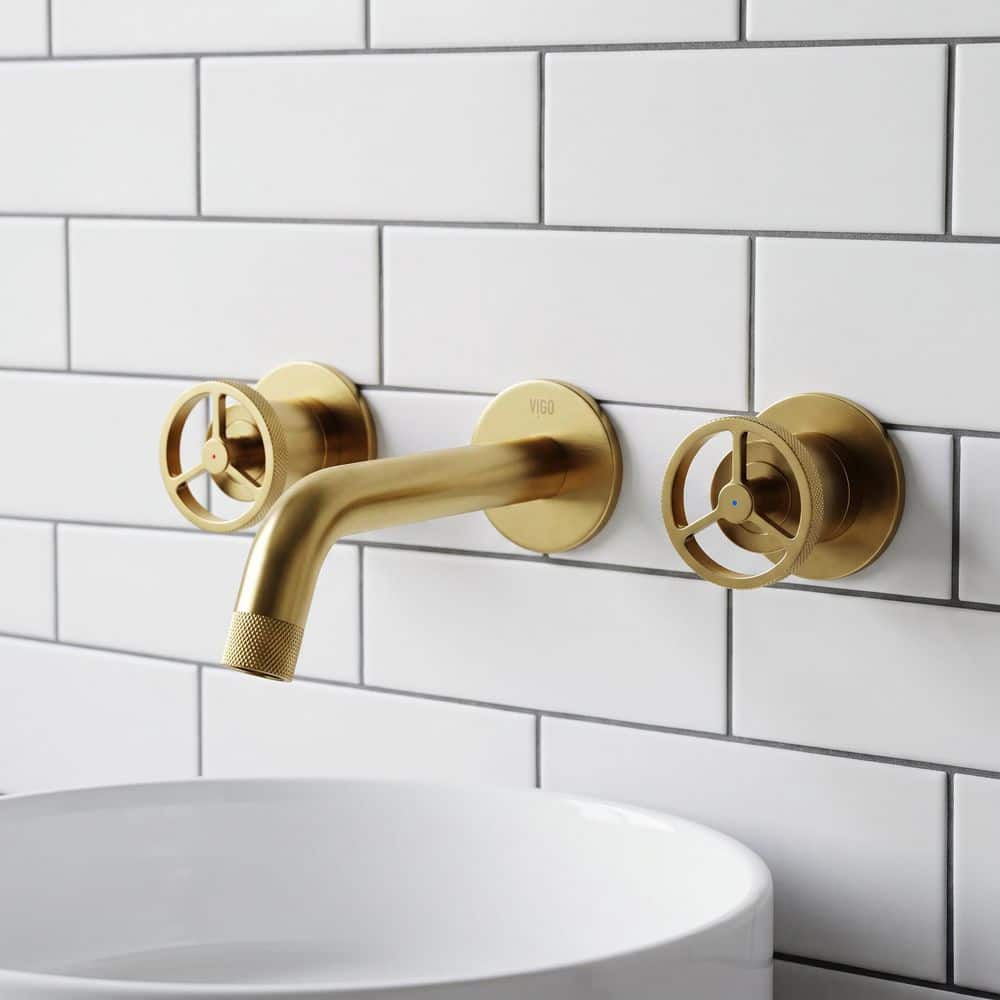 VIGO Cass Two Handle Wall Mount Bathroom Faucet in Matte Brushed