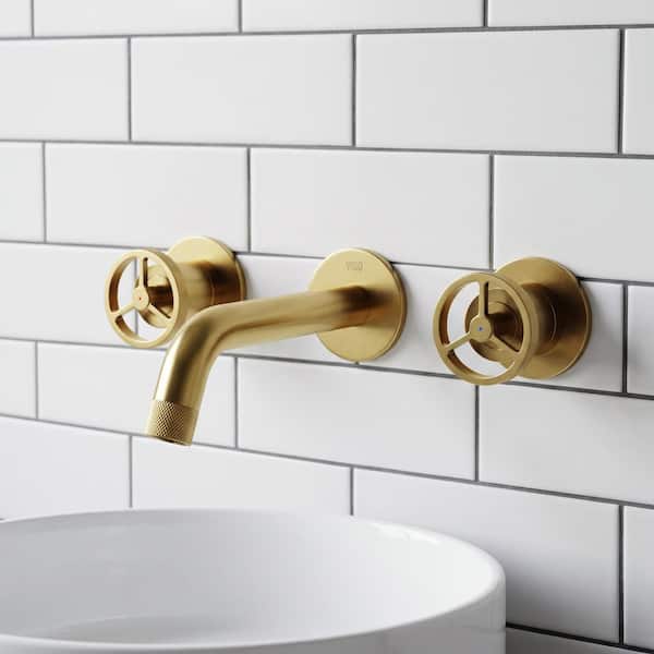 Cass Two Handle Wall Mount Bathroom Faucet in Matte Brushed Gold