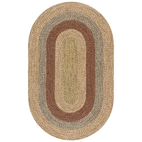 Braided Brown/Gold 8 ft. x 10 ft. Machine Washable Solid Striped Border Oval Area Rug