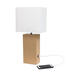 21 in. Beige Lexington Leather Base Table Lamp with White Fabric Shade with USB Charging Port