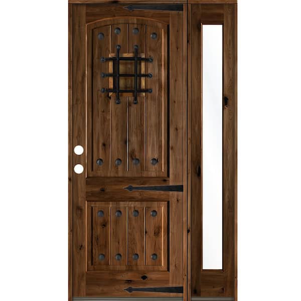 Krosswood Doors 62 in. x 96 in. Medit. Knotty Alder Right-Hand/Inswing Clear Glass Provincial Stain Wood Prehung Front Door w/RFSL