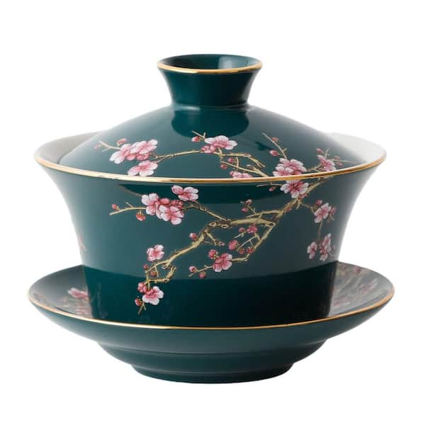 1-Cup, Green Modern Porcelain Teacup with Light Up Color Changing, Sturdy Construction, 10 oz. Capacity, Plum Patterns