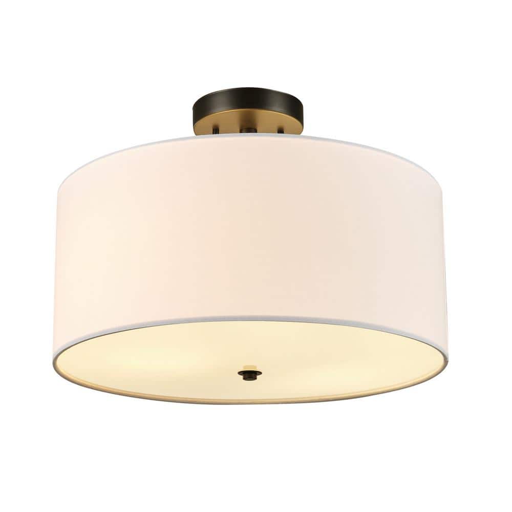 Maria 15.7 in. 1-Light Dark Bronze Flush Mount with White Fabric Shade