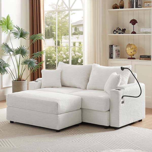 Beige Pinwale Corduroy Fabric 2-Seater Loveseat 72.8 in. with Ottoman, USB Ports and Phone Holder