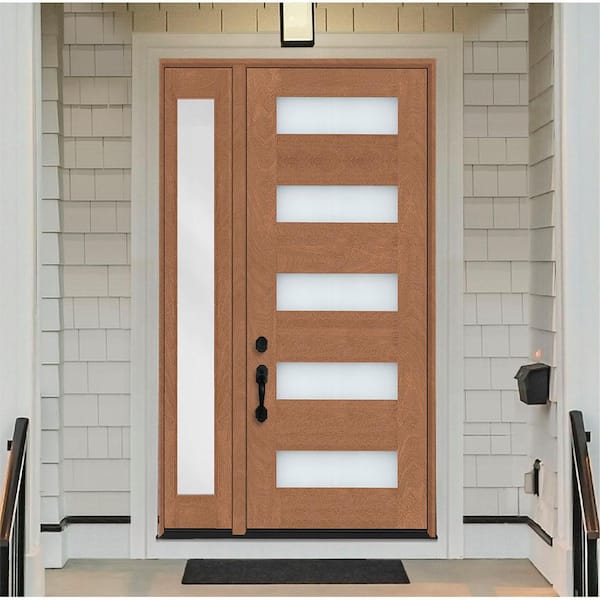 Regency 53 in. x 96 in. 5L Modern Frosted Glass RH AutumnWheat Stain Mahogany Fiberglass Prehung Front Door w/14in.SL