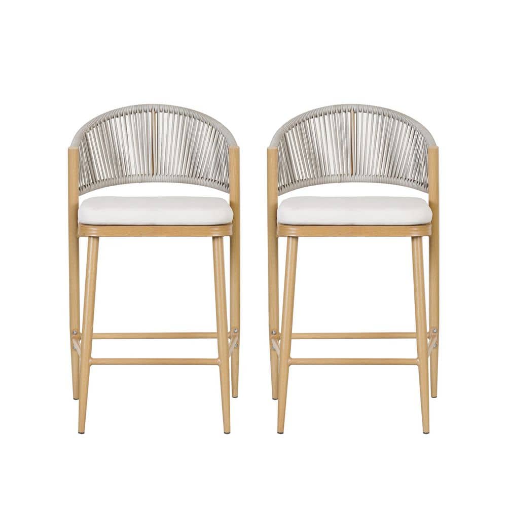 Maple Finish Aluminum and Rattan Outdoor Counter Stools with Cushions, Set of 2