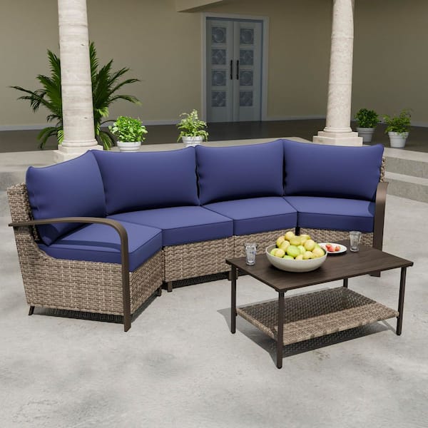 5-Piece Wicker Patio Conversation Sectional Seating Set with Blue Cushions