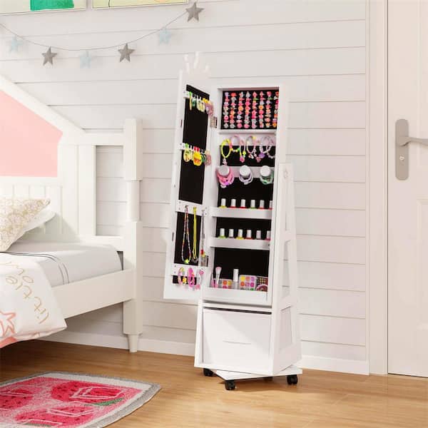 Costway White Wood 12.5 in. Kids Jewelry Cabinet with Full-Length Mirror Foldable Drawer Anti-toppling System
