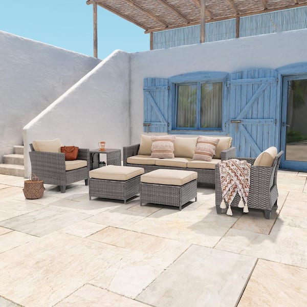 JOYESERY 6-Piece Gray Wicker Outdoor Conversation Seating Sofa Set with Side Table, Linen Flax Beige Cushions