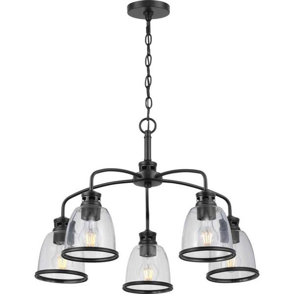 Progress Lighting Pelzer 5-Light Matte Black Chandelier with Clear Glass Shades