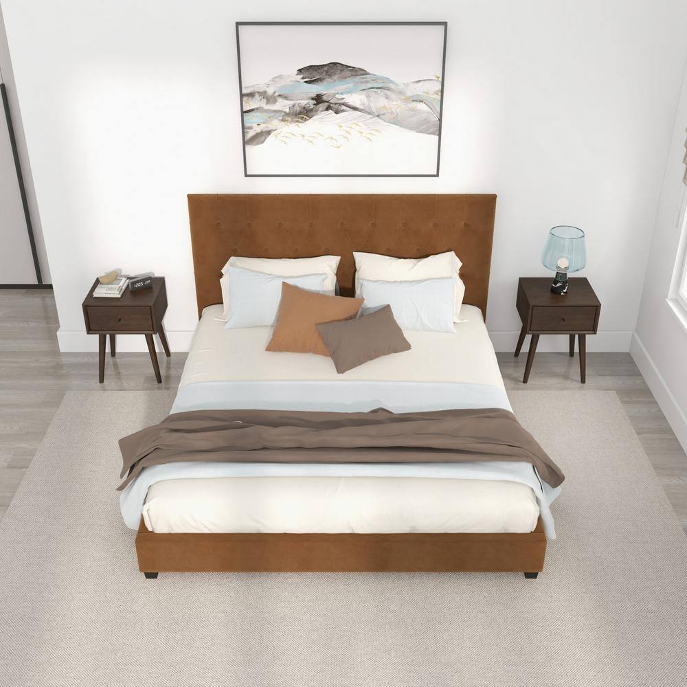 Elda Cognac Velvet Tufted Upholstered King Platform Bed