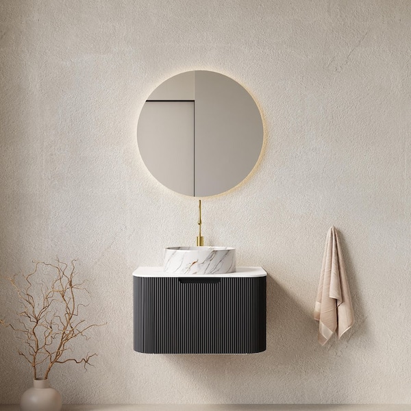 24 in. W Single Sink Floating Bath Vanity in Black with White Round Ceramic Basin Top Stone Pattern,Curved Edges Striped