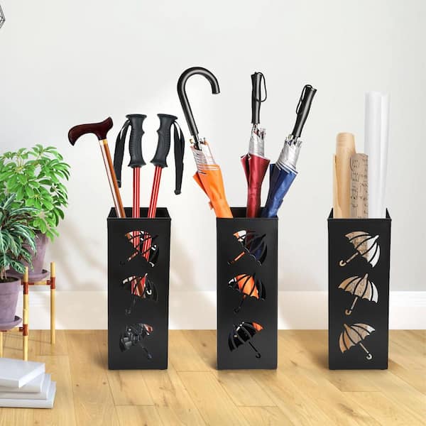 Metal Black Umbrella Stand Square Holder with Hollow Ventilated Design for Entryway Home Office Decor 16.5 in.