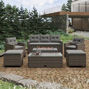 6-piece PE Rattan Wicker Outdoor Patio Dining Conversation Set Section Sofa Set with Fire Pit, Gray Cushion, Storage