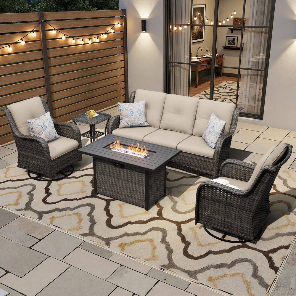 5-Piece Fire Pit Patio Set Wicker Outdoor Patio Conversation Set with Swivel Rocking Chairs and Beige Cushions price history on PriceWatchPro