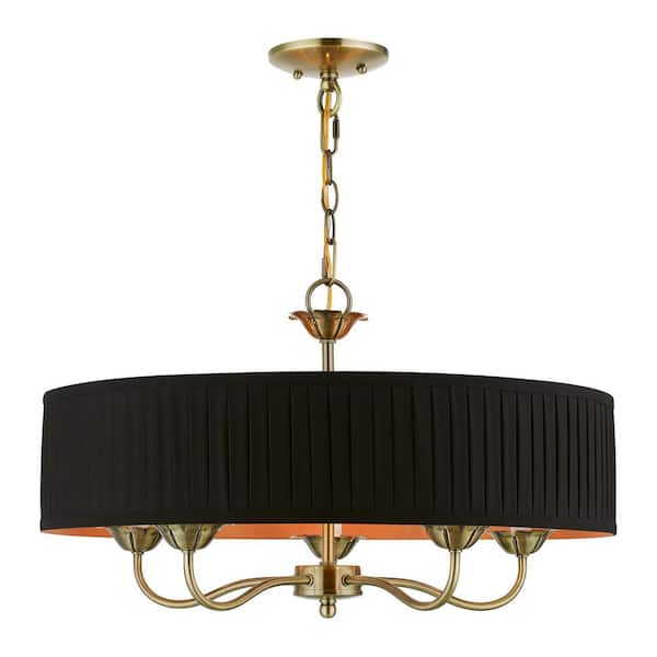 AVIANCE LIGHTING Applevale 5-Light Antique Brass Pendant Chandelier with Pleated Black Fabric Shade and Orange Fabric Inside