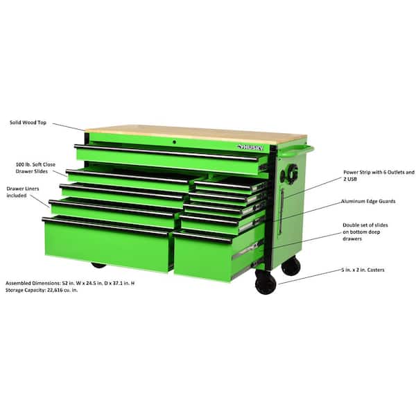Husky 52 in. W x 24.5 in. D Standard Duty 10-Drawer Mobile Workbench Tool Chest with Solid Wood Work Top in Gloss Green #H52MWC10GRN