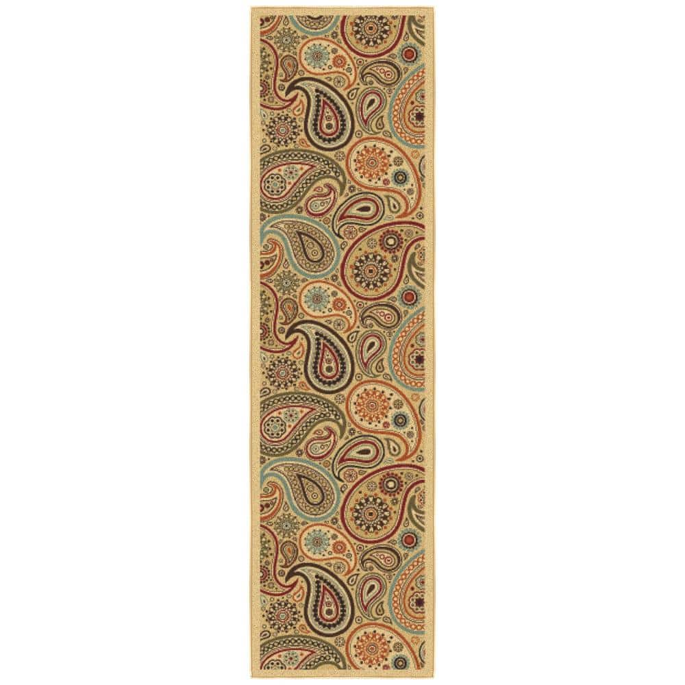 Contemporary Red and Beige Paisley Runner Rug with Non-Slip Backing