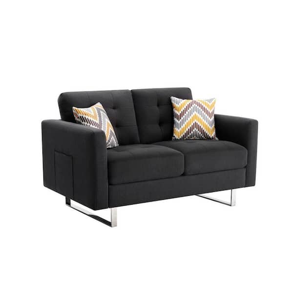 Benjara 53.5 in. Gray and Chrome Solid Linen 2-Seater Loveseat with Side Pocket and 2 Pillows