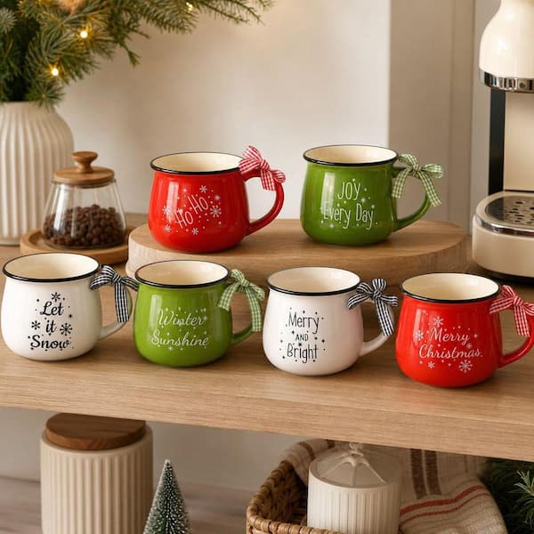 Wudkey 6-Piece Christmas Coffee Mugs Set for Holiday Drinks, 12 oz