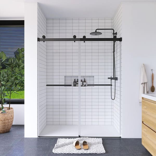 Boosicavelly Double Sliding Frameless Shower Door in Matte Black Finish with Tempered Glass 60 in. W x 75 in. H