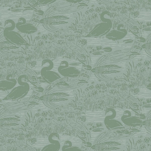 Laura Ashley Swans Jade Green Metallic Non Woven Removable Paste the Wall Wallpaper