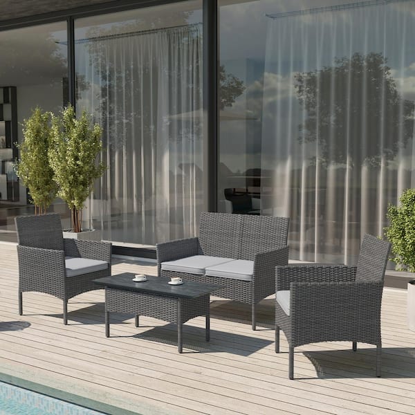 Unbranded Medford Gray 4-Piece Wicker Patio Conversation Set with Gray Cushions
