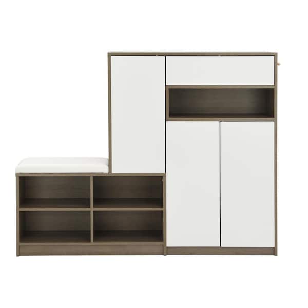 Cesicia 2-in-1 43.4 in. H x 55.1 in. W White Wood Shoe Storage Bench and Shoe Cabinets with Padded Seat with Adjustable Shelves