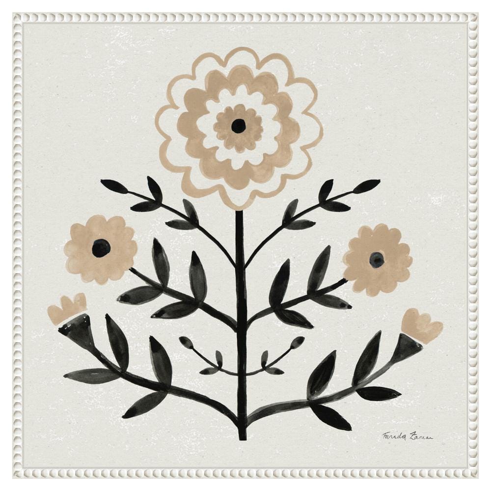 Garden Folk Flowers I Beige and Black Canvas Wall Art with White Frame