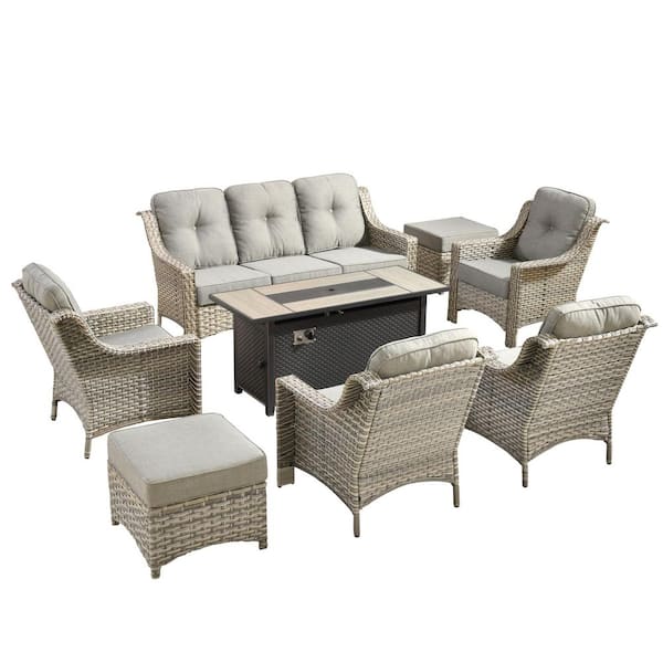 Eureka 8-Piece Wicker Outdoor Fire Pit Patio Conversation Sofa Chairs Set with Ottomans and Dark Gray Cushions