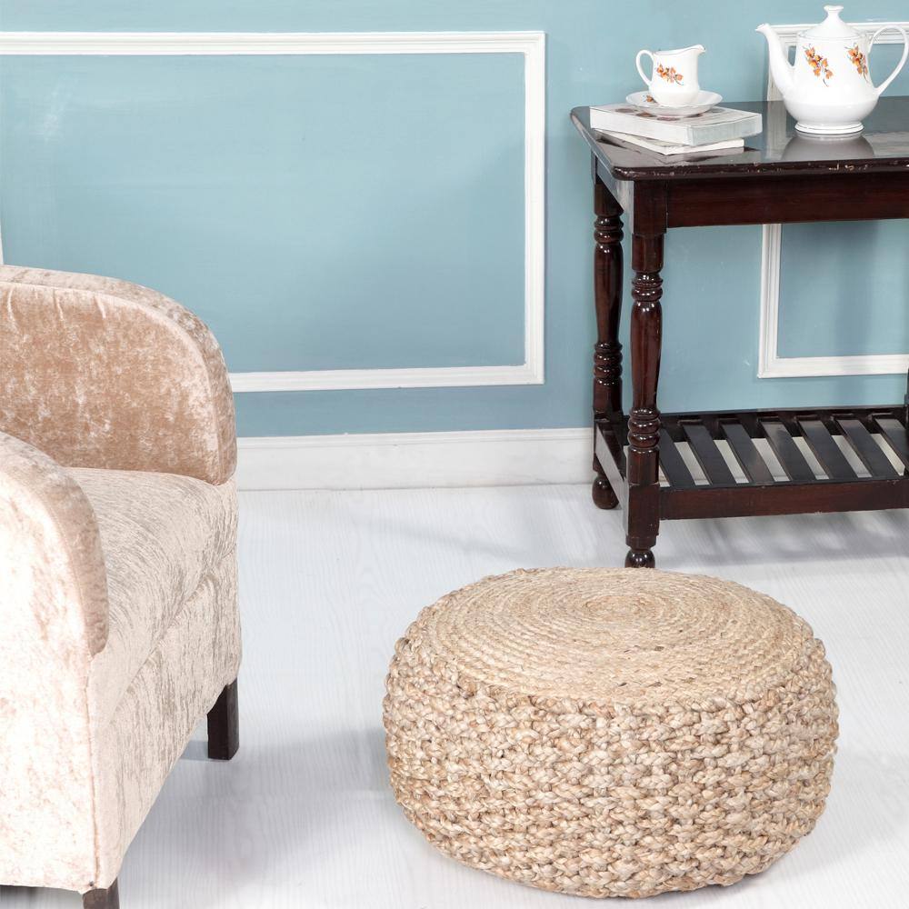 Natural Jute Round Pouf with Braided Design, 20"