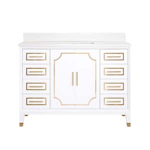 48 in. Solid Wood Bath Vanity in White, White Quartz Top with Sink, Soft-Close Door, Drawers, Brushed Gold Accents
