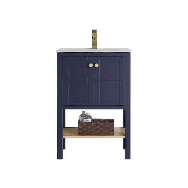 TENNANT BRAND Arola 23.5 in. W x 18.15 in D. x 35 in. H Bath Vanity in Navy Blue with White Integrated Ceramic Sink Top