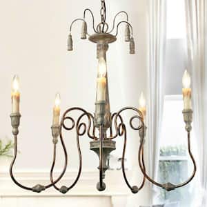 French Country Carved Wood Chandelier, Rustic 5-Light Gray Empire Antique Candlestick Dining/Living Room Hanging Light