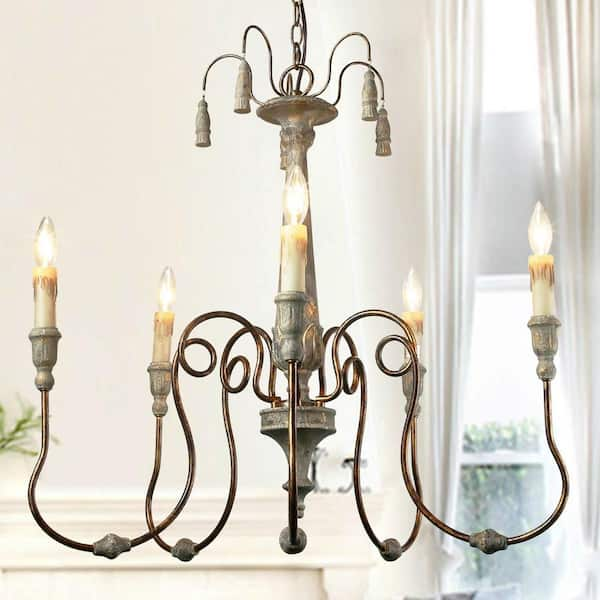 LNC French Country Carved Wood Chandelier, Rustic 5-Light Gray Empire ...