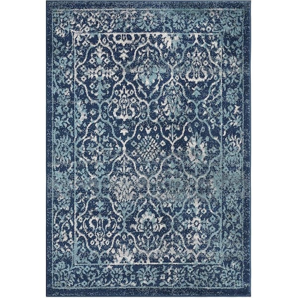 Garvee Wilton Vintage 5' 3 " x 7' 3" Moroccan Trellis Area Rugs Low Pile Distressed Doormat Non-Shedding Accent Rug in Blue