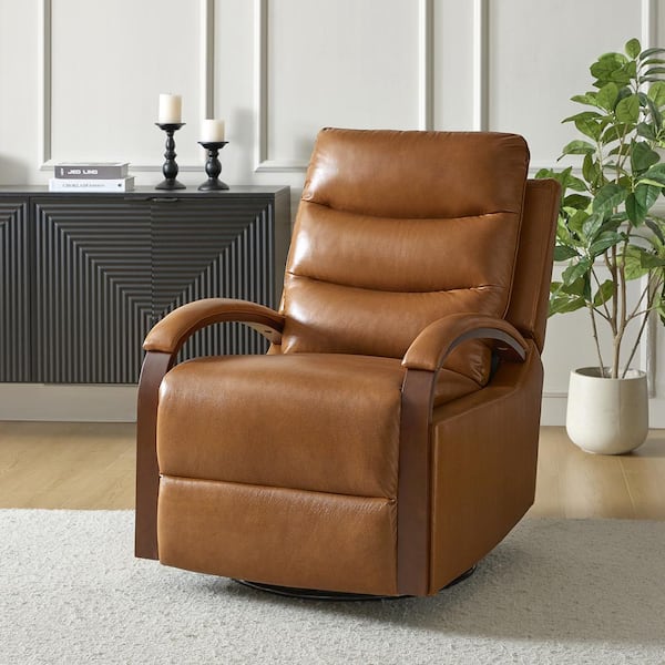 Joseph Camel Genuine Leather Swivel Rocking Manual Recliner with Straight Tufted Back Cushion and Curved Mood Arms