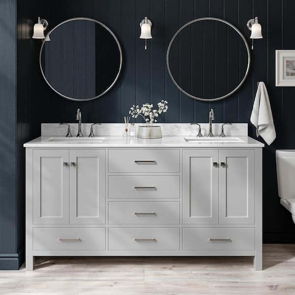 ARIEL Cambridge 67 in. W x 22 in. D x 36 in. H Double Bath Vanity in Grey with Carrara White Marble Top with White Basins