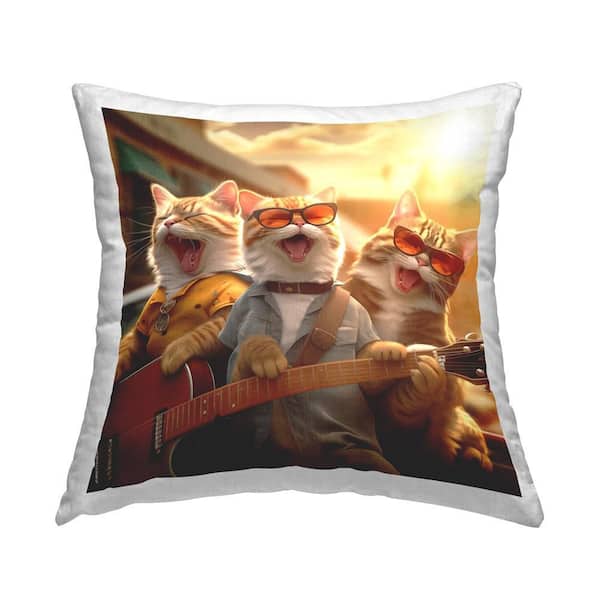 Stupell Industries Cats Singing with Guitar Orange Print Polyester 18 in. x 18 in. Throw Pillow