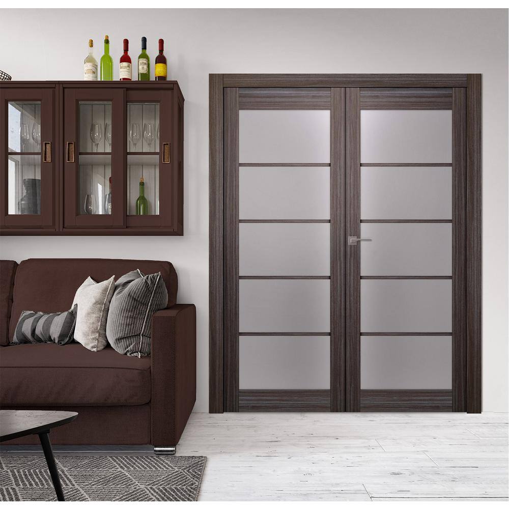 Gray Oak 35.5" x 79.38" Frosted Glass Wood Composite Double Prehung French Door
