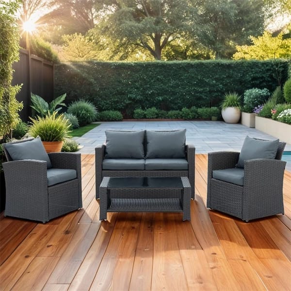 Unbranded 4 Pieces Patio Conversation Set, Outdoor Rattan Sectional Furniture Set with Light Grey Cushion