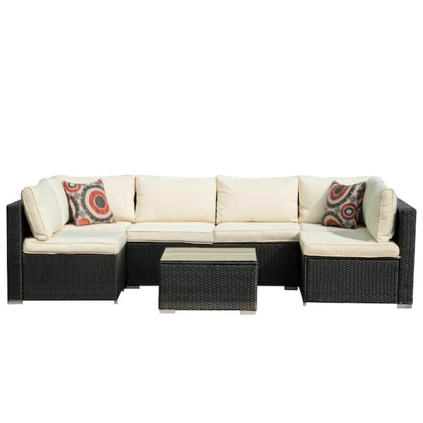 Unbranded 7-Pieces Black Wicker Outdoor Sofa Sectional Set with Beige Cushions