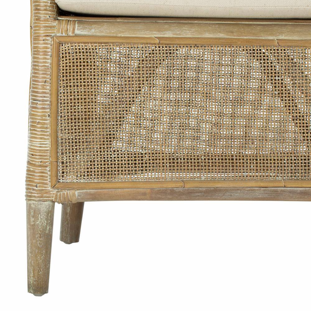 Transitional Whitewashed Rattan Armchair with Off-White Linen Cushion
