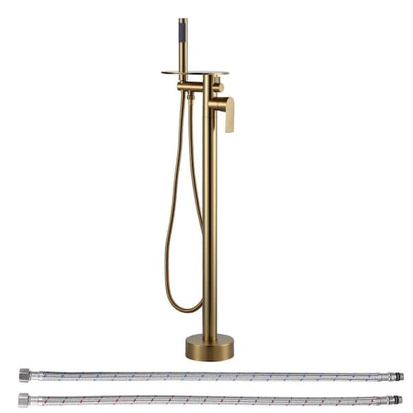 Floor Mount Single Handle Brass Freestanding Waterfall Tub Faucet with Handheld Shower Sprayer in Brushed Gold