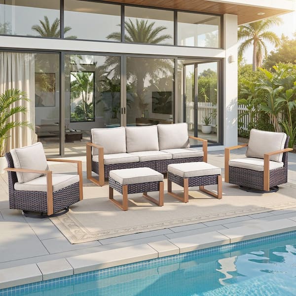 Allcot 5-Piece Brown Wicker Outdoor Sofa set Patio Conversation Set with Cushion Guard Beige Cushions