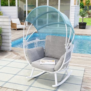 White Rocking Aluminum Outdoor Lounge Chair with Gray Cushion and Blue Sun Shade Cover