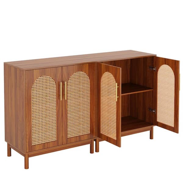 Ahlivia Brown Particle Board Wood 59.4 in. Buffet Cabinet Large Sideboard 4-Doors Shelves Rattan Dining Table Seat 4