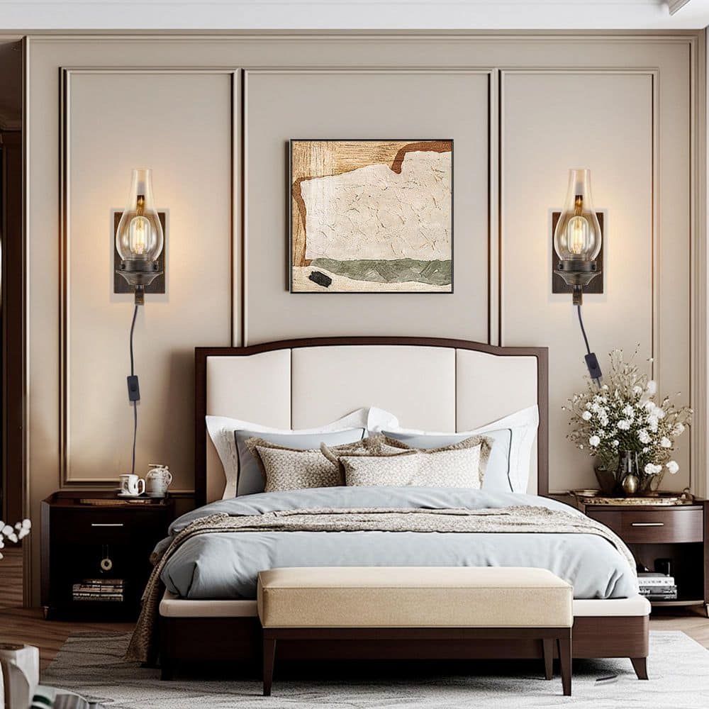 12 in. 2-Light Black and Gold Rustic Farmhouse Plug-In Wall Sconce with Clear Glass Shade for Bedroom Living Room price history on PriceWatchPro