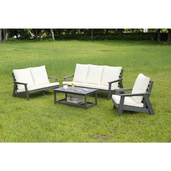 moda furnishings Grey HIPS Wood Grain Outdoor Patio Furniture Lounge Garden Armchair with Beige Thick Cushion